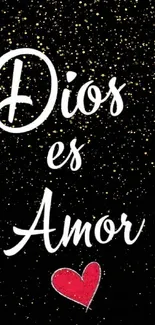 Dios es Amor wallpaper with red heart on black background.